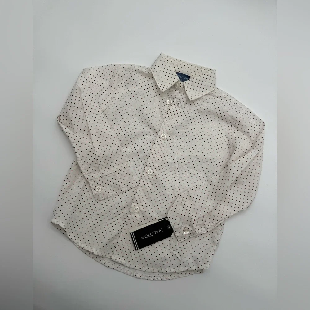 NAUTICA Kid’s Button Down Collared Dress Shirt Sz 4 Regular NWT White Design